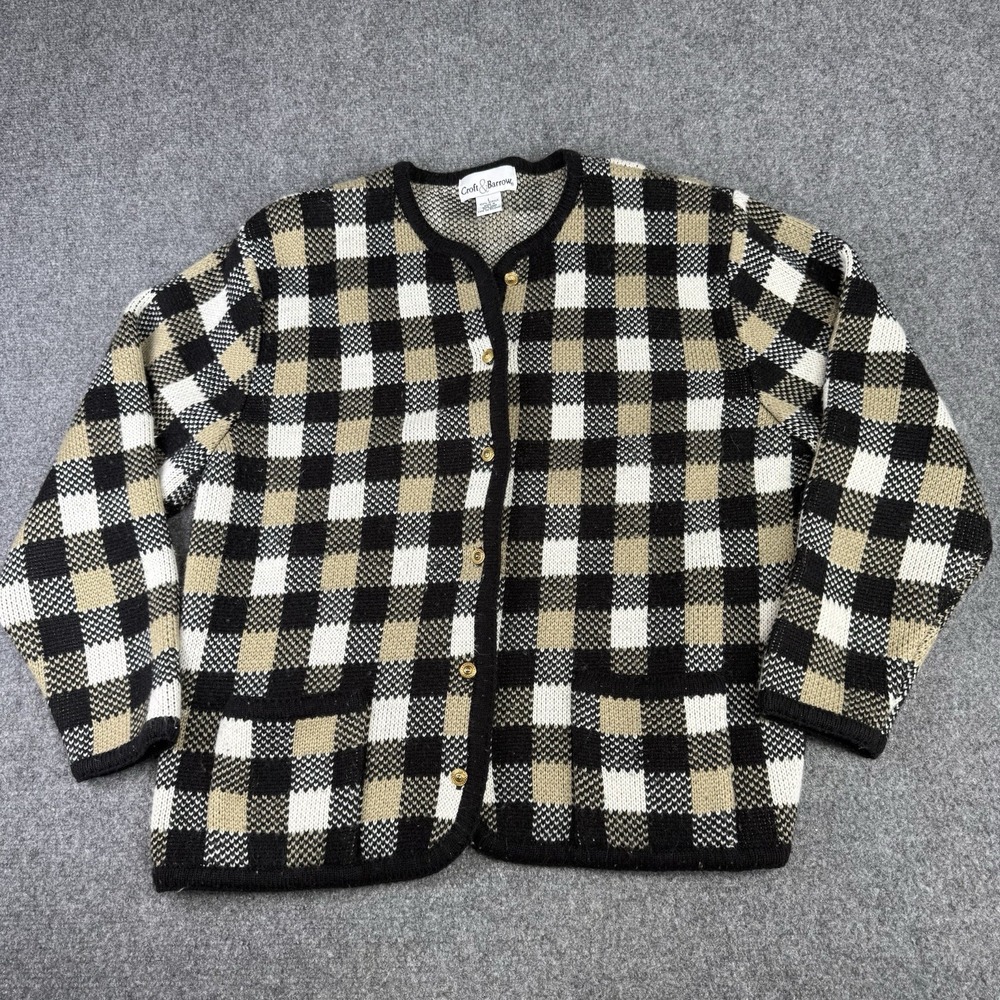Vintage 90s Croft & Barrow Cardigan Womens L Checker Plaid Knit Gold Buttons